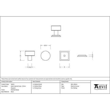 This is an image showing From The Anvil - Polished Nickel Kelso Cabinet Knob - 25mm (Square) available from trade door handles, quick delivery and discounted prices