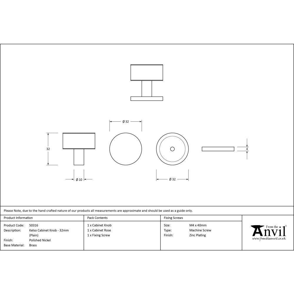 This is an image showing From The Anvil - Polished Nickel Kelso Cabinet Knob - 32mm (Plain) available from trade door handles, quick delivery and discounted prices