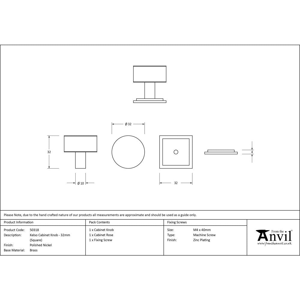 This is an image showing From The Anvil - Polished Nickel Kelso Cabinet Knob - 32mm (Square) available from trade door handles, quick delivery and discounted prices