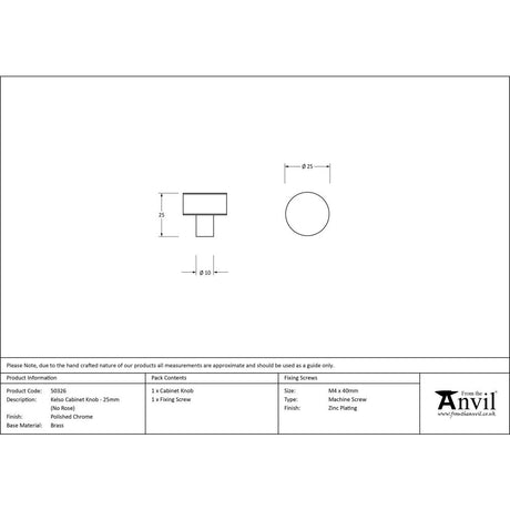 This is an image showing From The Anvil - Polished Chrome Kelso Cabinet Knob - 25mm (No rose) available from trade door handles, quick delivery and discounted prices