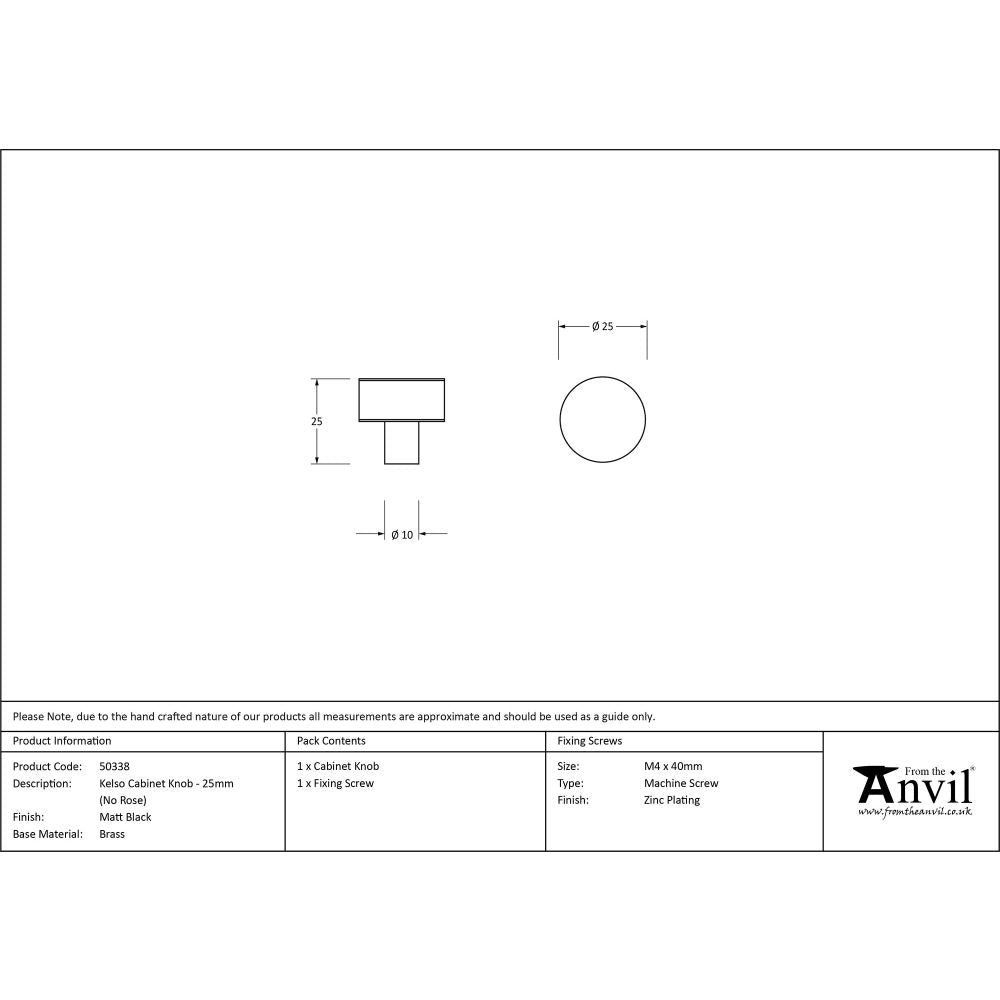 This is an image showing From The Anvil - Matt Black Kelso Cabinet Knob - 25mm (No rose) available from trade door handles, quick delivery and discounted prices