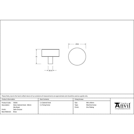 This is an image showing From The Anvil - Satin Chrome Kelso Cabinet Knob - 38mm (No rose) available from trade door handles, quick delivery and discounted prices