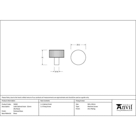 This is an image showing From The Anvil - Polished Brass Judd Cabinet Knob - 32mm (No Rose) available from trade door handles, quick delivery and discounted prices