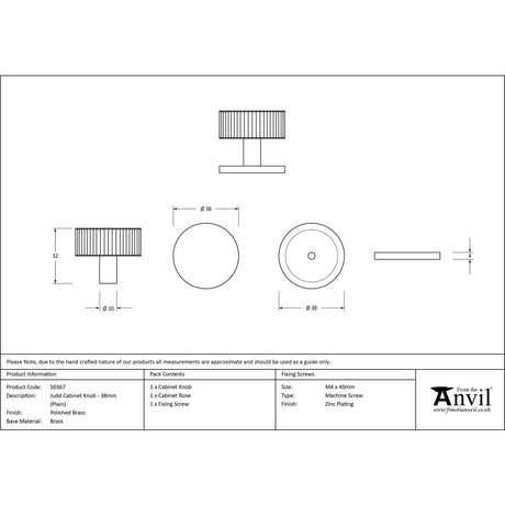 This is an image showing From The Anvil - Polished Brass Judd Cabinet Knob - 38mm (Plain) available from trade door handles, quick delivery and discounted prices