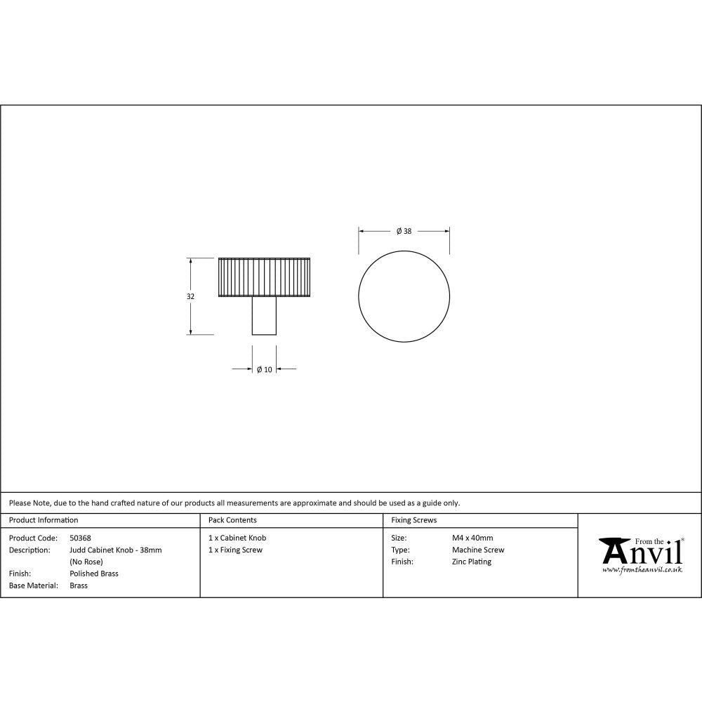 This is an image showing From The Anvil - Polished Brass Judd Cabinet Knob - 38mm (No Rose) available from trade door handles, quick delivery and discounted prices