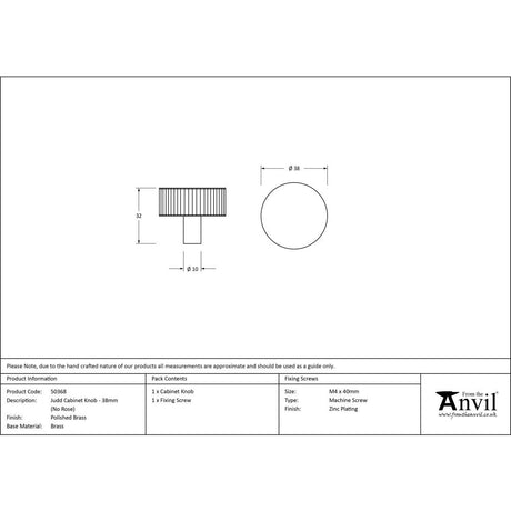 This is an image showing From The Anvil - Polished Brass Judd Cabinet Knob - 38mm (No Rose) available from trade door handles, quick delivery and discounted prices