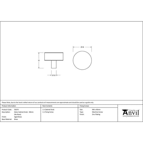 This is an image showing From The Anvil - Aged Brass Kelso Cabinet Knob - 38mm (No rose) available from trade door handles, quick delivery and discounted prices