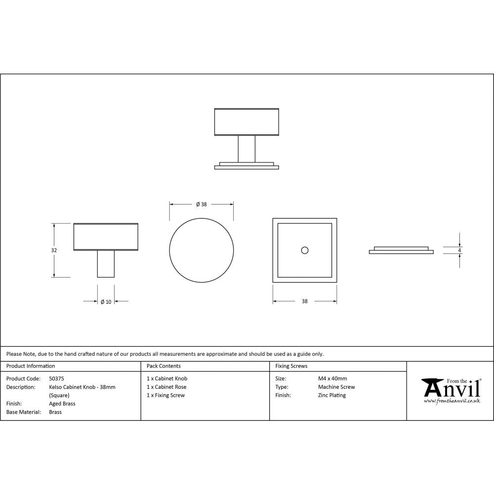 This is an image showing From The Anvil - Aged Brass Kelso Cabinet Knob - 38mm (Square) available from trade door handles, quick delivery and discounted prices