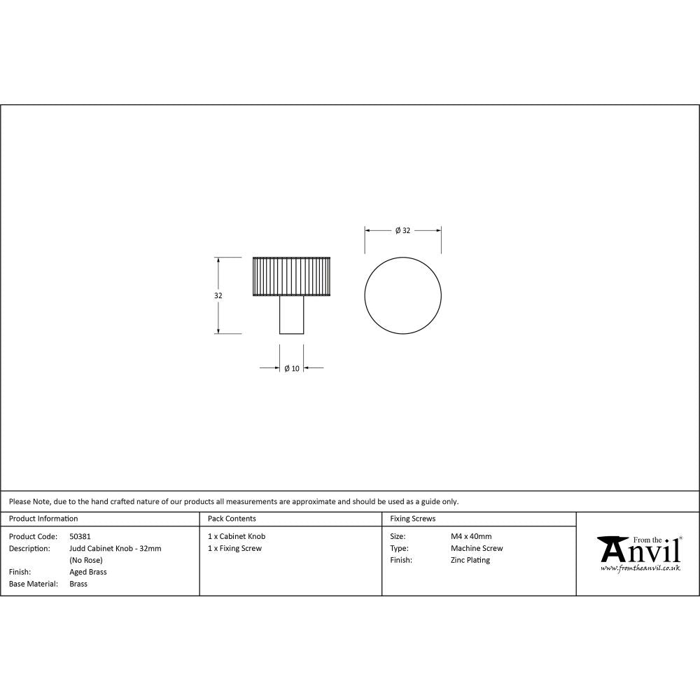 This is an image showing From The Anvil - Aged Brass Judd Cabinet Knob - 32mm (No rose) available from trade door handles, quick delivery and discounted prices