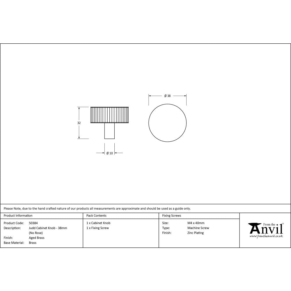 This is an image showing From The Anvil - Aged Brass Judd Cabinet Knob - 38mm (No rose) available from trade door handles, quick delivery and discounted prices