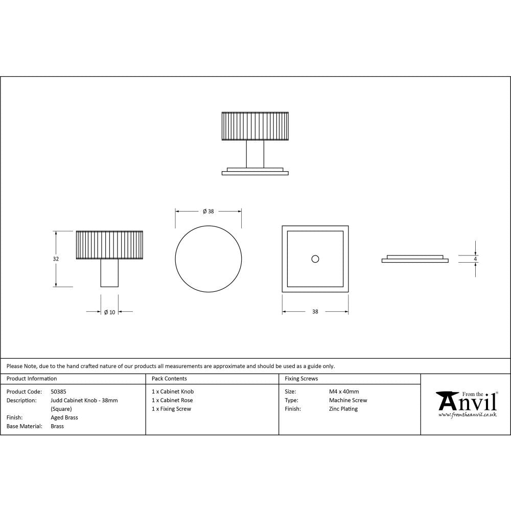 This is an image showing From The Anvil - Aged Brass Judd Cabinet Knob - 38mm (Square) available from trade door handles, quick delivery and discounted prices