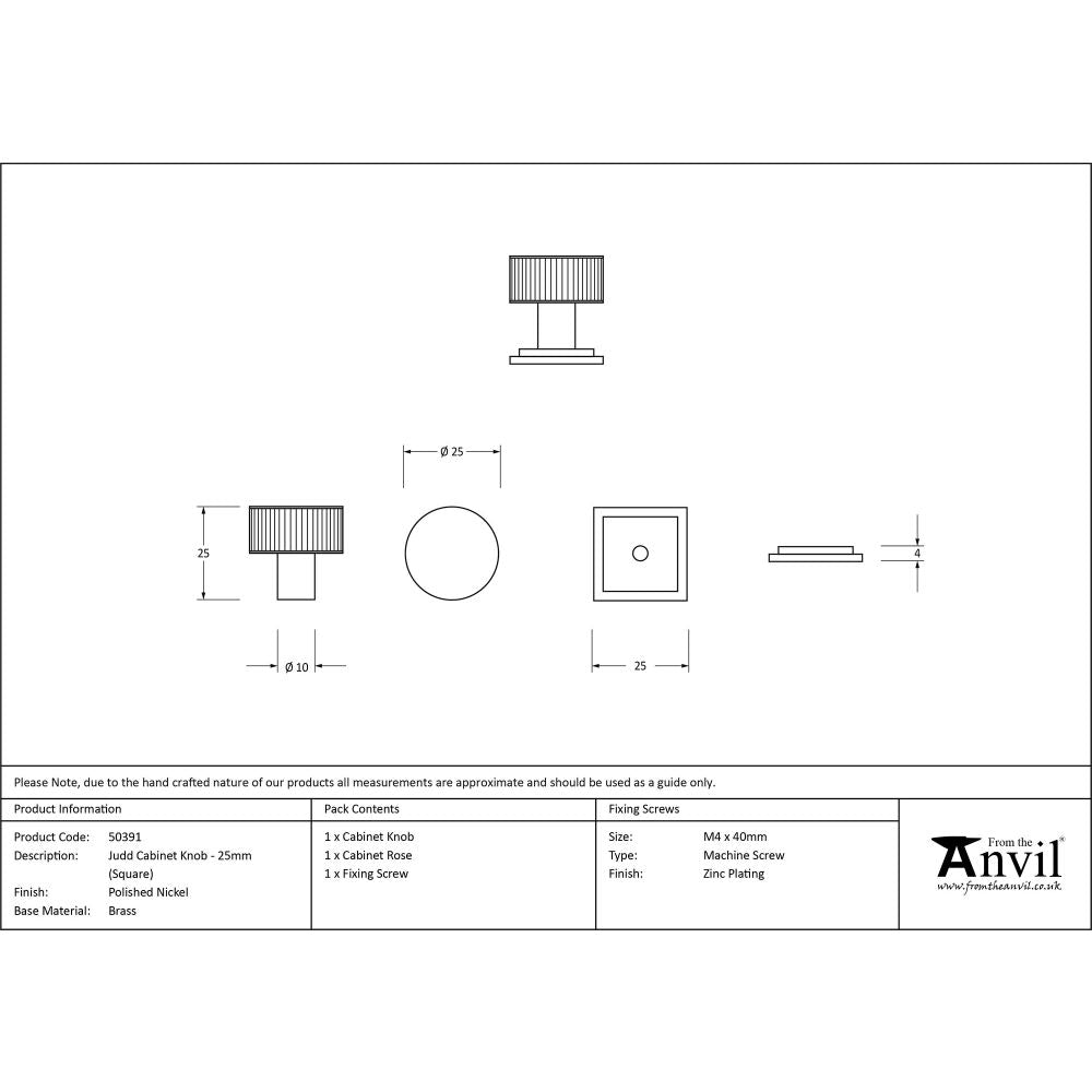 This is an image showing From The Anvil - Polished Nickel Judd Cabinet Knob - 25mm (Square) available from trade door handles, quick delivery and discounted prices