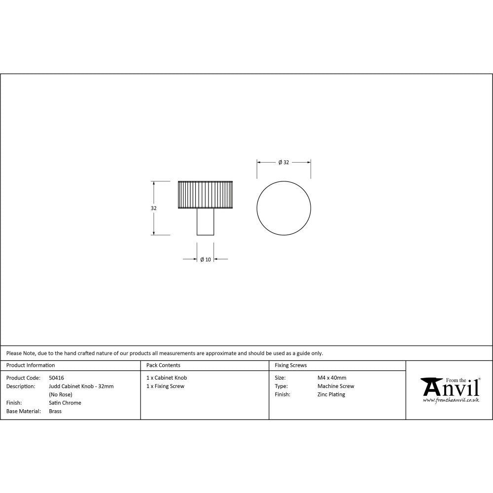 This is an image showing From The Anvil - Satin Chrome Judd Cabinet Knob - 32mm (No rose) available from trade door handles, quick delivery and discounted prices