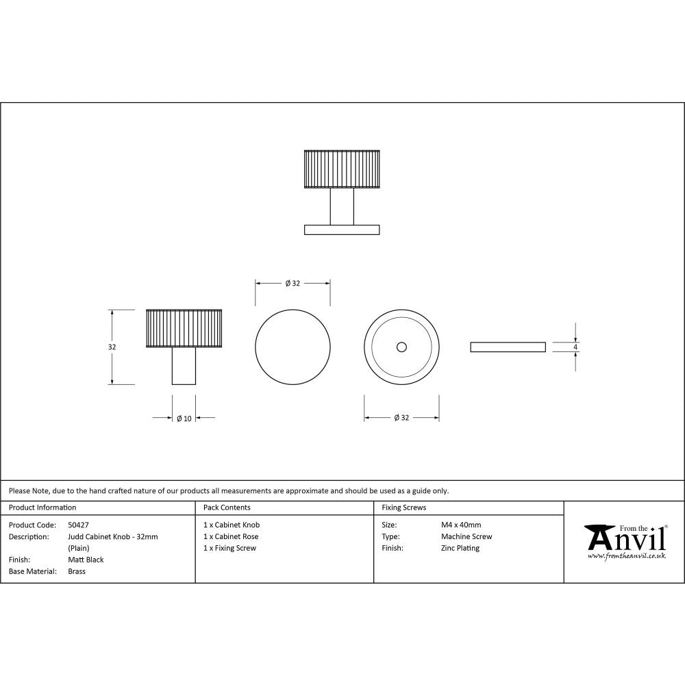 This is an image showing From The Anvil - Matt Black Judd Cabinet Knob - 32mm (Plain) available from trade door handles, quick delivery and discounted prices