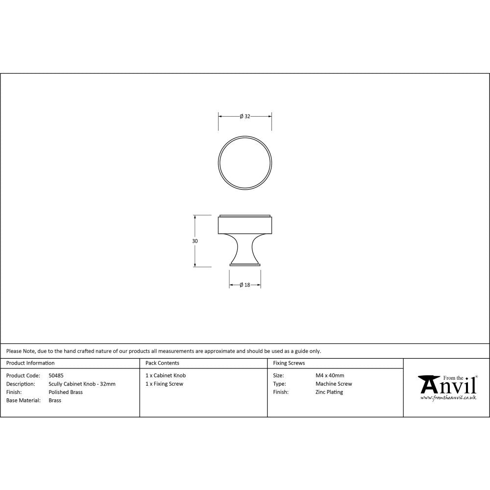 This is an image showing From The Anvil - Polished Brass Scully Cabinet Knob - 32mm available from trade door handles, quick delivery and discounted prices