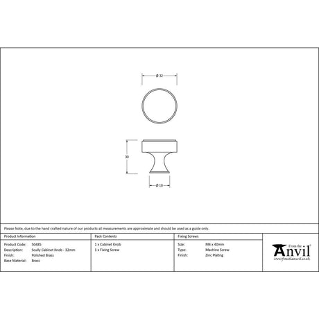 This is an image showing From The Anvil - Polished Brass Scully Cabinet Knob - 32mm available from trade door handles, quick delivery and discounted prices