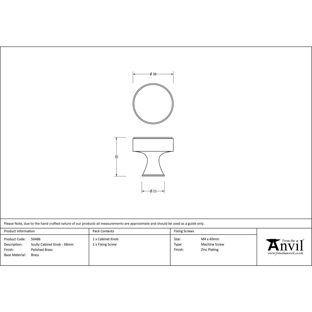 This is an image showing From The Anvil - Polished Brass Scully Cabinet Knob - 38mm available from trade door handles, quick delivery and discounted prices