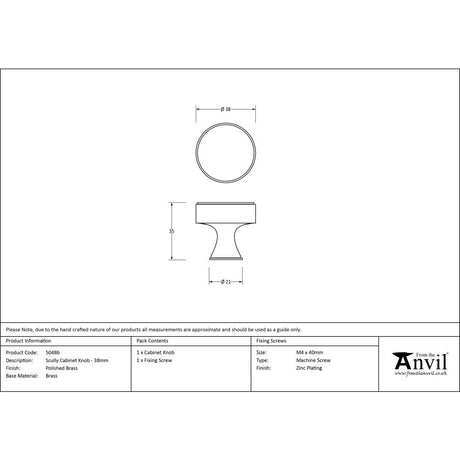 This is an image showing From The Anvil - Polished Brass Scully Cabinet Knob - 38mm available from trade door handles, quick delivery and discounted prices