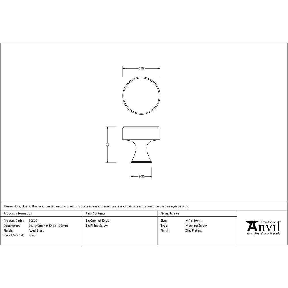 This is an image showing From The Anvil - Aged Brass Scully Cabinet Knob - 38mm available from trade door handles, quick delivery and discounted prices