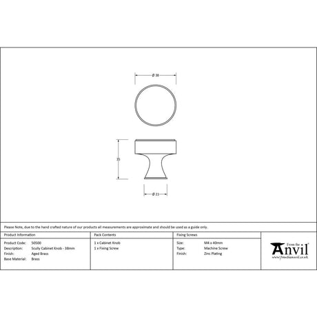 This is an image showing From The Anvil - Aged Brass Scully Cabinet Knob - 38mm available from trade door handles, quick delivery and discounted prices