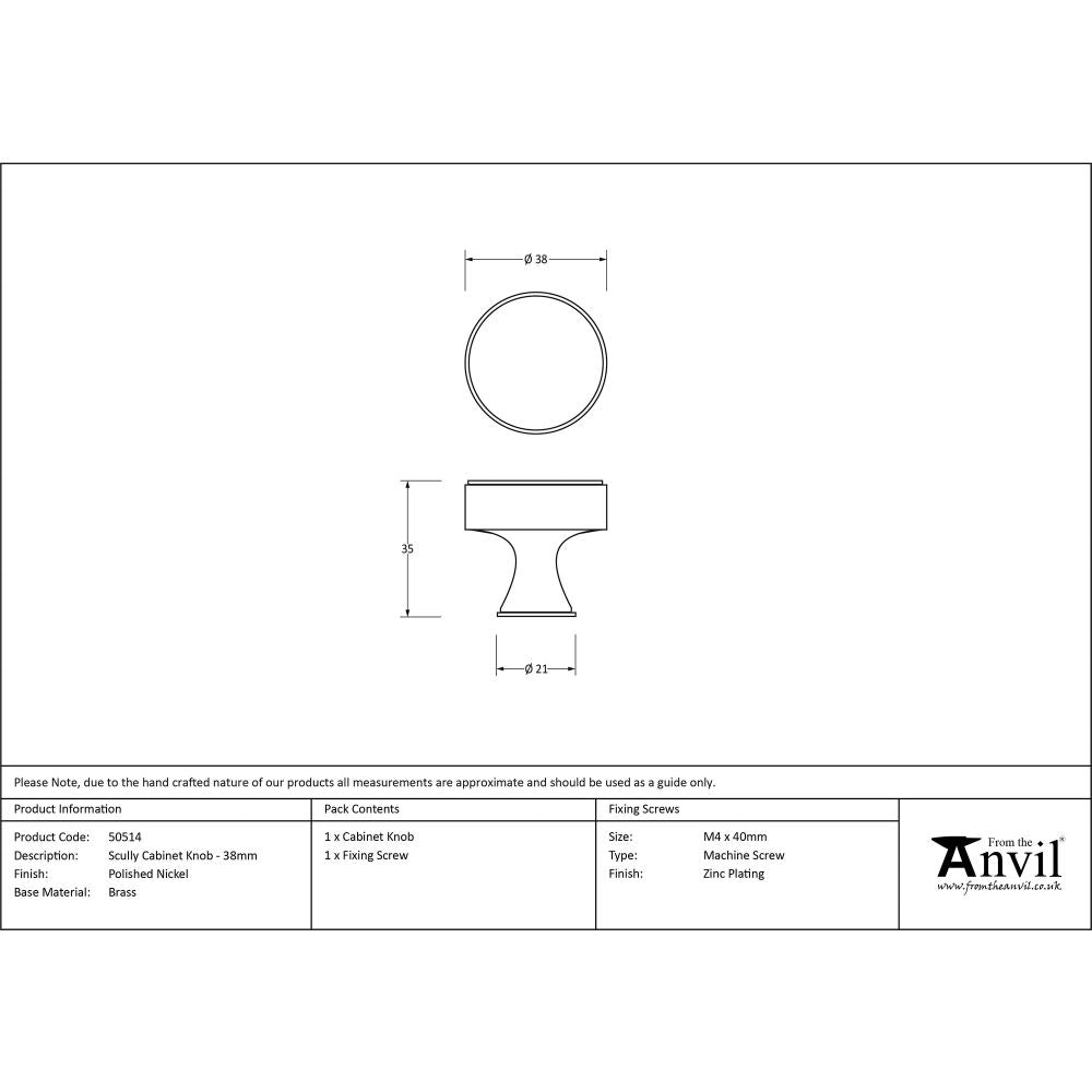 This is an image showing From The Anvil - Polished Nickel Scully Cabinet Knob - 38mm available from trade door handles, quick delivery and discounted prices