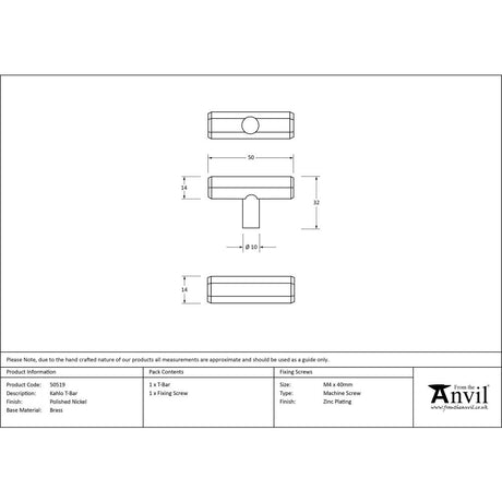 This is an image showing From The Anvil - Polished Nickel Kahlo T-Bar available from trade door handles, quick delivery and discounted prices