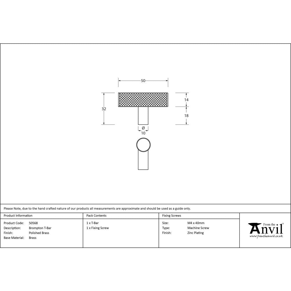 This is an image showing From The Anvil - Polished Brass Brompton T-Bar available from trade door handles, quick delivery and discounted prices