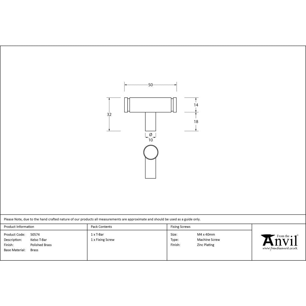 This is an image showing From The Anvil - Polished Brass Kelso T-Bar available from trade door handles, quick delivery and discounted prices