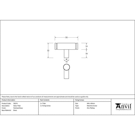 This is an image showing From The Anvil - Polished Brass Kelso T-Bar available from trade door handles, quick delivery and discounted prices