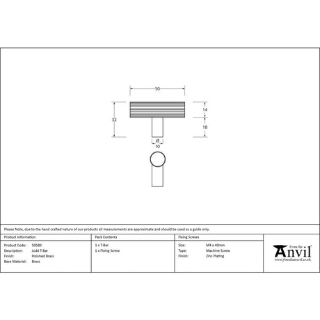 This is an image showing From The Anvil - Polished Brass Judd T-Bar available from trade door handles, quick delivery and discounted prices