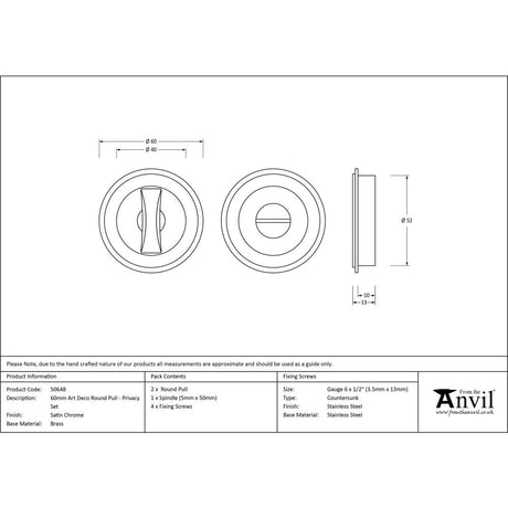 This is an image showing From The Anvil - Satin Chrome 60mm Art Deco Round Pull - Privacy Set available from trade door handles, quick delivery and discounted prices