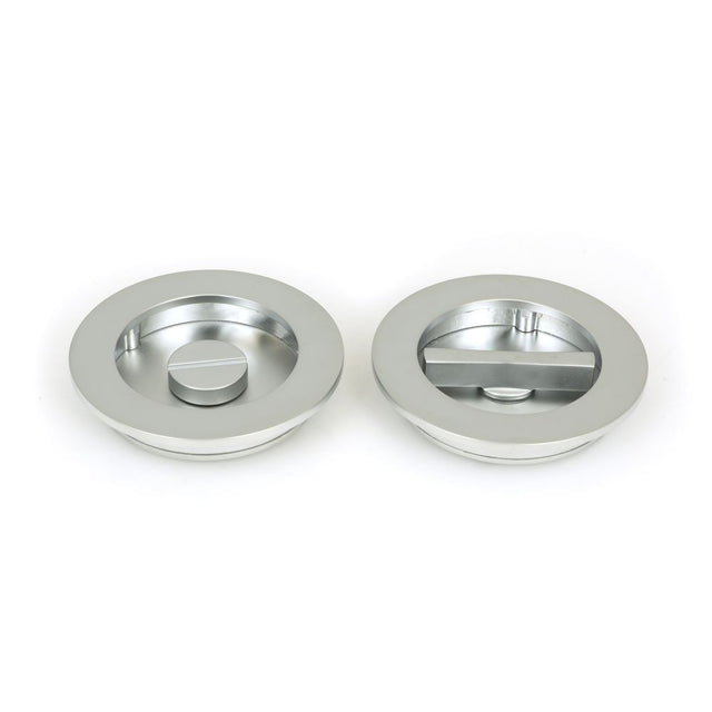 This is an image showing From The Anvil - Satin Chrome 75mm Plain Round Pull - Privacy Set available from trade door handles, quick delivery and discounted prices