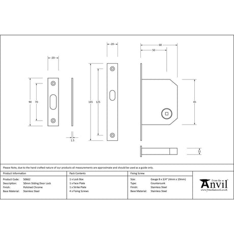 This is an image showing From The Anvil - Polished Chrome 50mm Sliding Door Lock available from trade door handles, quick delivery and discounted prices