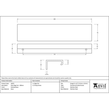 This is an image showing From The Anvil - Polished Brass 200mm Plain Edge Pull available from trade door handles, quick delivery and discounted prices