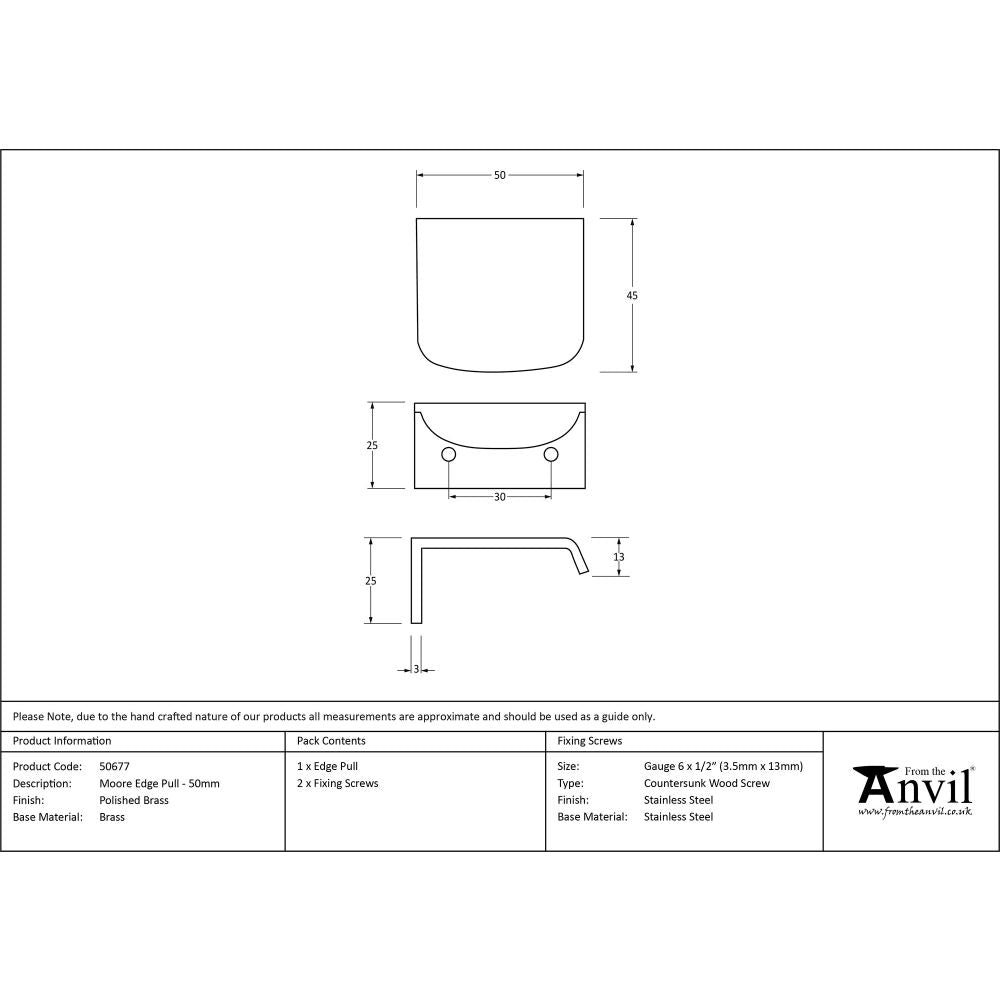 This is an image showing From The Anvil - Polished Brass 50mm Moore Edge Pull available from trade door handles, quick delivery and discounted prices