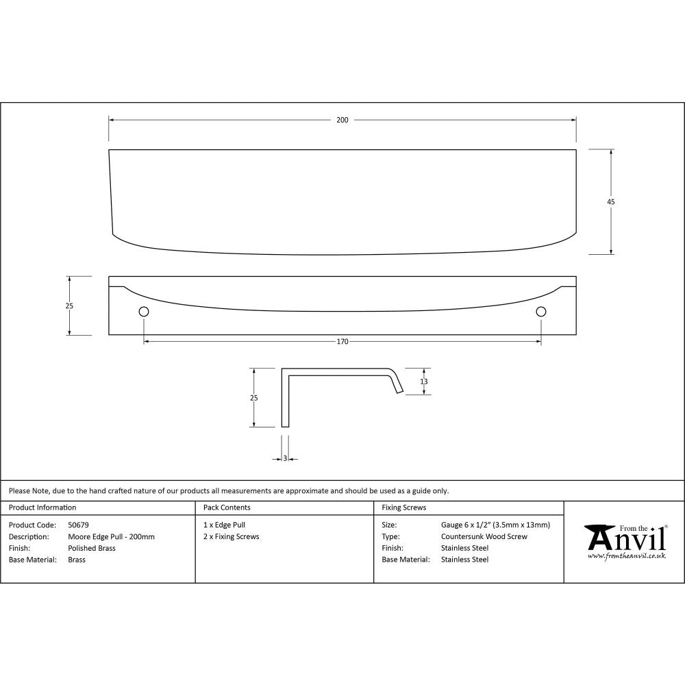 This is an image showing From The Anvil - Polished Brass 200mm Moore Edge Pull available from trade door handles, quick delivery and discounted prices