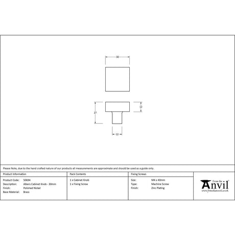 This is an image showing From The Anvil - Polished Nickel Albers Cabinet Knob - 30mm available from trade door handles, quick delivery and discounted prices