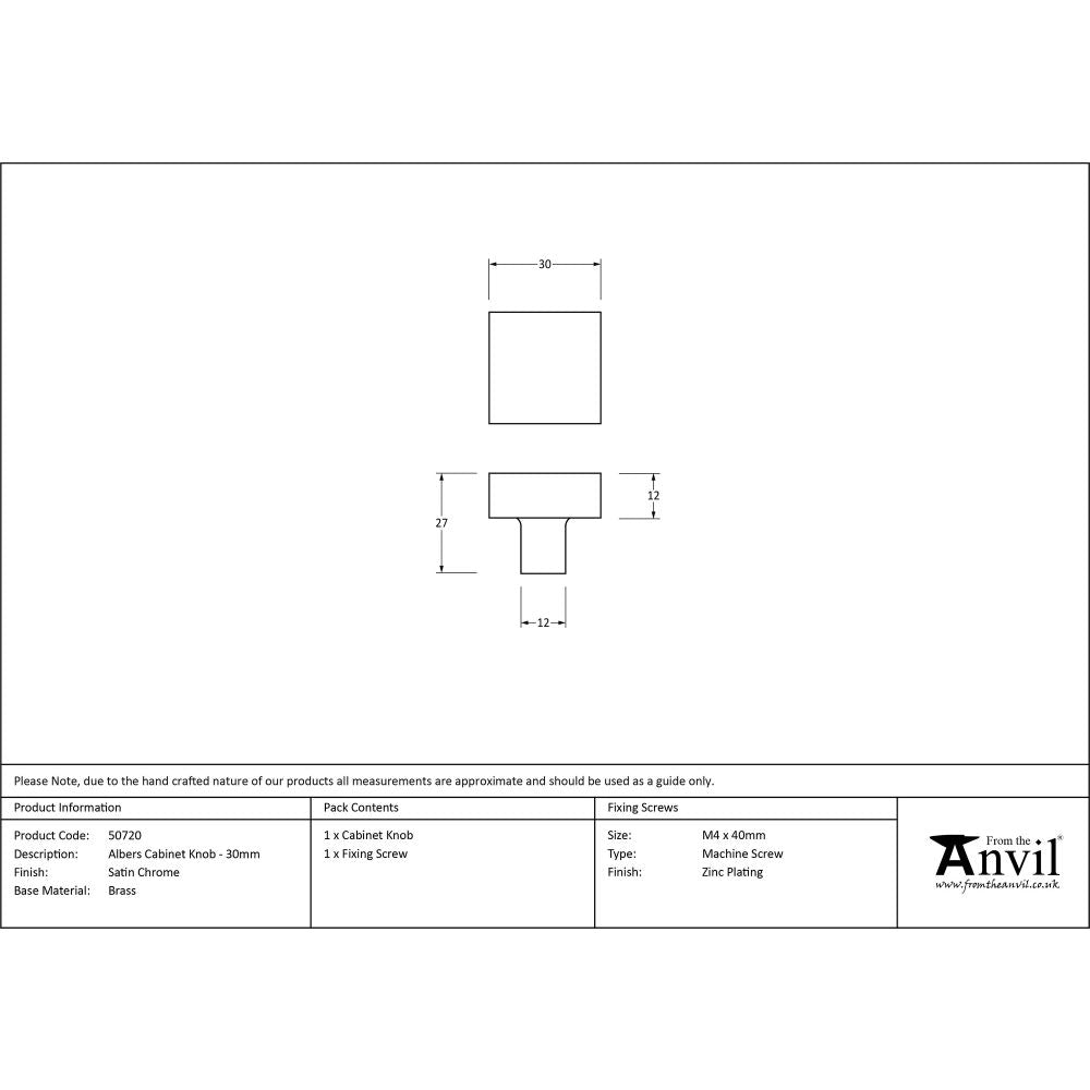 This is an image showing From The Anvil - Satin Chrome Albers Cabinet Knob - 30mm available from trade door handles, quick delivery and discounted prices