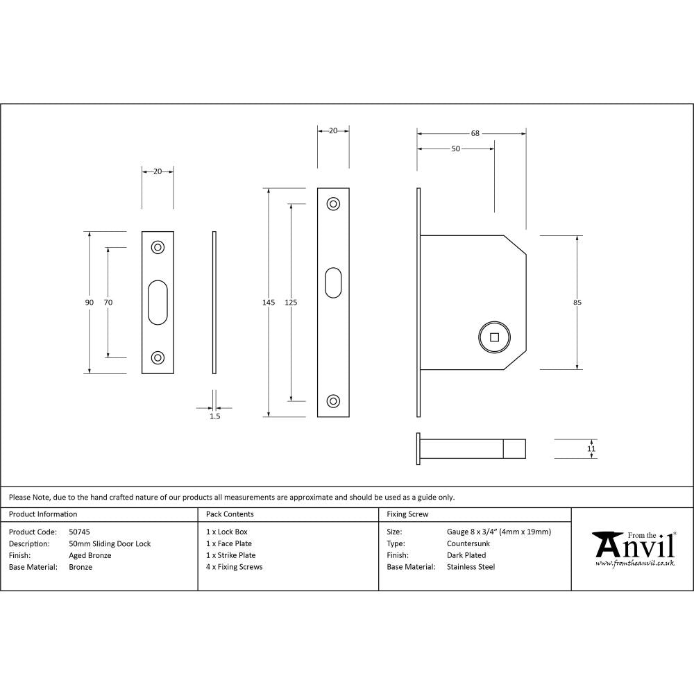 This is an image showing From The Anvil - Aged Bronze 50mm Sliding Door Lock available from trade door handles, quick delivery and discounted prices