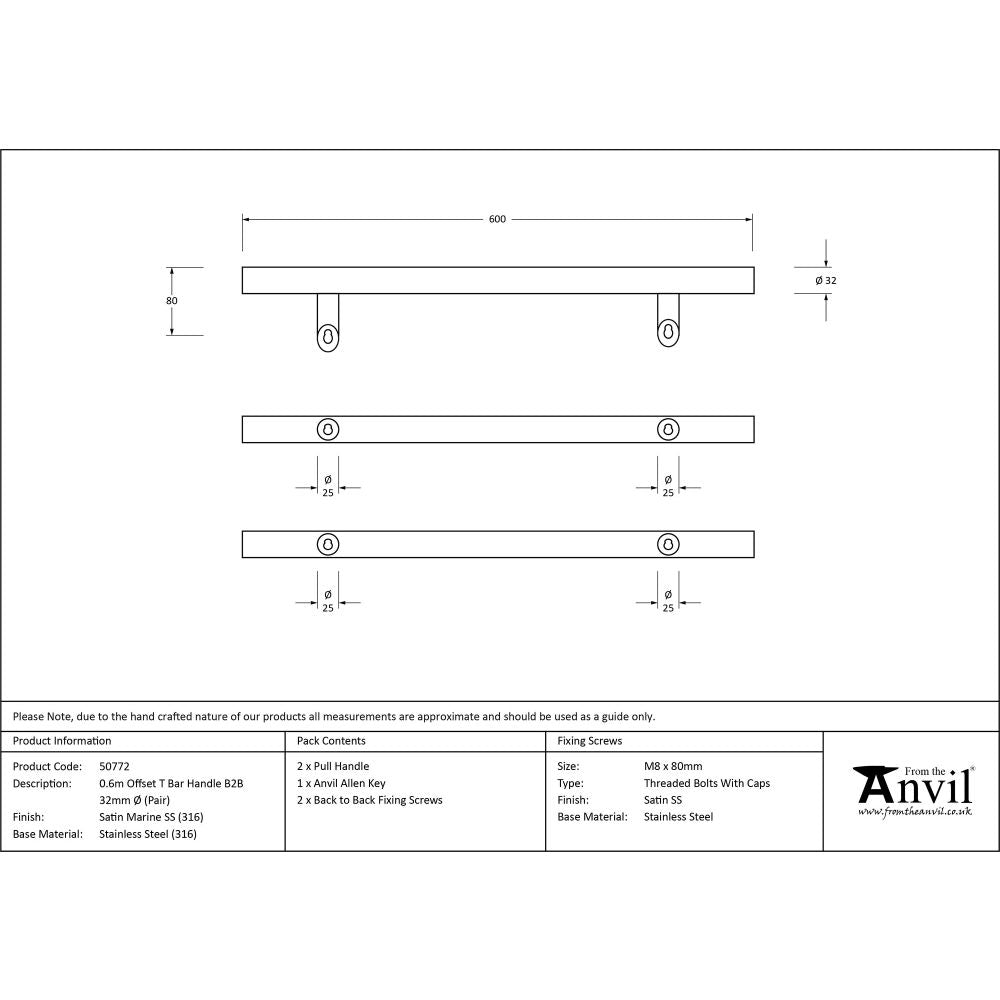 This is an image showing From The Anvil - Satin Marine SS (316) 0.6m Offset T Bar Handle B2B 32mm Ã˜ available from trade door handles, quick delivery and discounted prices