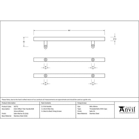 This is an image showing From The Anvil - Satin Marine SS (316) 0.6m Offset T Bar Handle B2B 32mm Ã˜ available from trade door handles, quick delivery and discounted prices