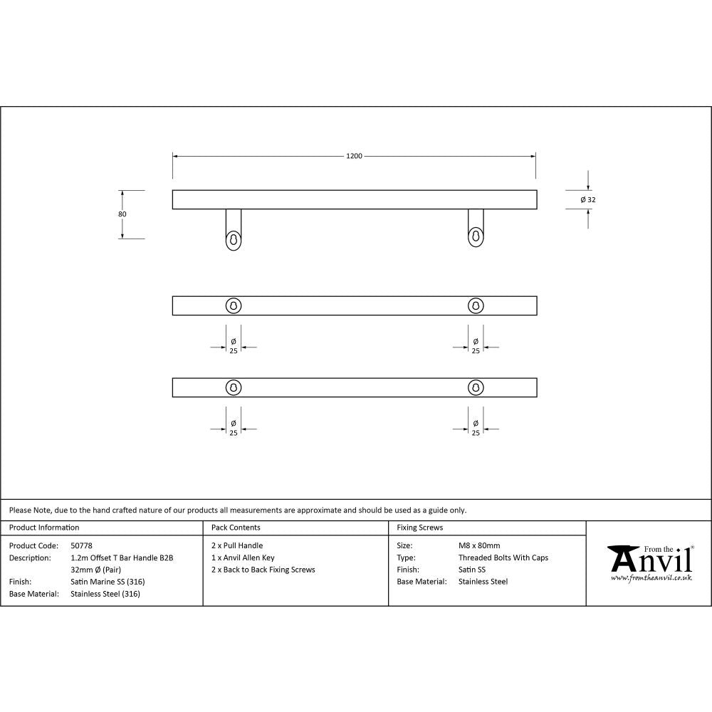 This is an image showing From The Anvil - Satin Marine SS (316) 1.2m Offset T Bar Handle B2B 32mm Ø available from trade door handles, quick delivery and discounted prices