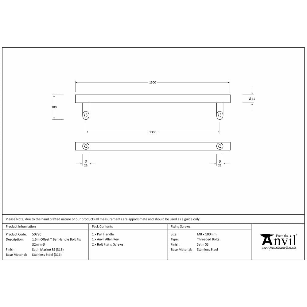 High quality image of From The Anvil - Satin Marine SS (316) 1.5m Offset T Bar Handle Bolt Fix 32mm ÃƒËœ | Sku. 50780 | Trade Door Handles, Kendal.