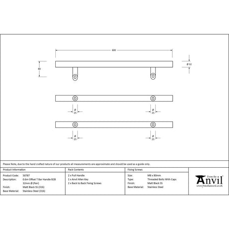 This is an image showing From The Anvil - Matt Black (316) 0.6m Offset T Bar Handle B2B 32mm Ã˜ available from trade door handles, quick delivery and discounted prices