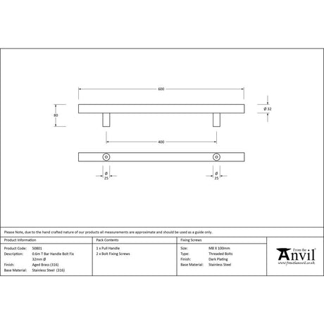 This is an image showing From The Anvil - Aged Brass (316) 0.6m T Bar Handle Bolt Fix 32mm Ã˜ available from trade door handles, quick delivery and discounted prices