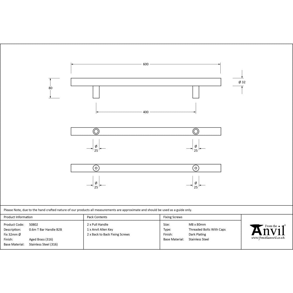 This is an image showing From The Anvil - Aged Brass (316) 0.6m T Bar Handle B2B 32mm Ã˜ available from trade door handles, quick delivery and discounted prices