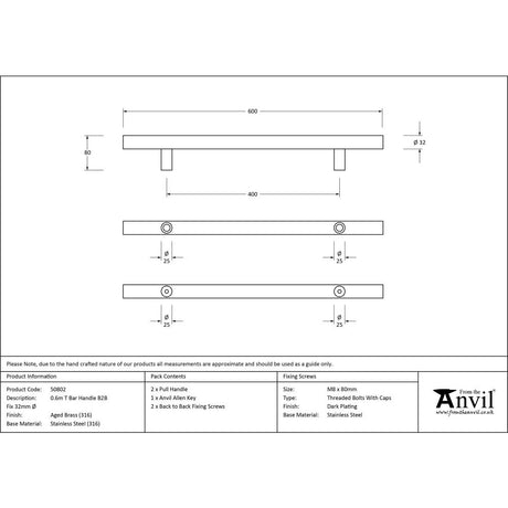 This is an image showing From The Anvil - Aged Brass (316) 0.6m T Bar Handle B2B 32mm Ã˜ available from trade door handles, quick delivery and discounted prices