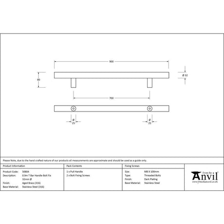 This is an image showing From The Anvil - Aged Brass (316) 0.9m T Bar Handle Bolt Fix 32mm Ã˜ available from trade door handles, quick delivery and discounted prices