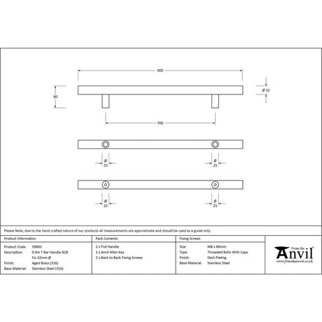 This is an image showing From The Anvil - Aged Brass (316) 0.9m T Bar Handle B2B 32mm Ã˜ available from trade door handles, quick delivery and discounted prices