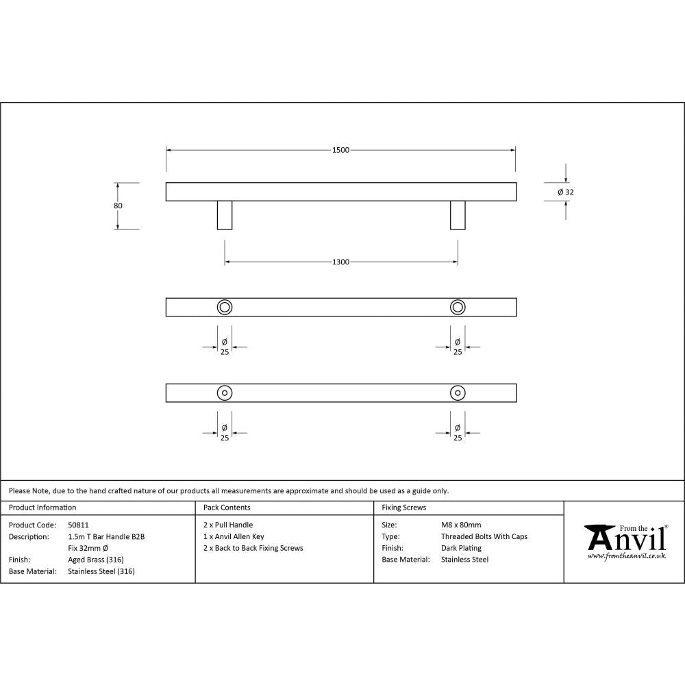 This is an image showing From The Anvil - Aged Brass (316) 1.5m T Bar Handle B2B 32mm Ã˜ available from trade door handles, quick delivery and discounted prices